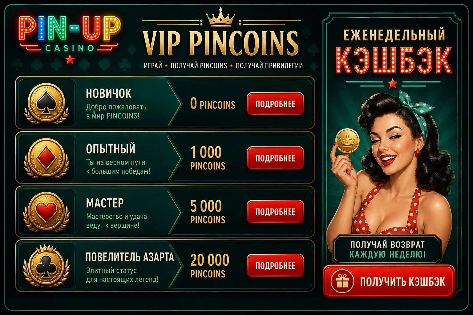 Pin Up бонус кэшбэк и криптодепозит — еженедельные начисления